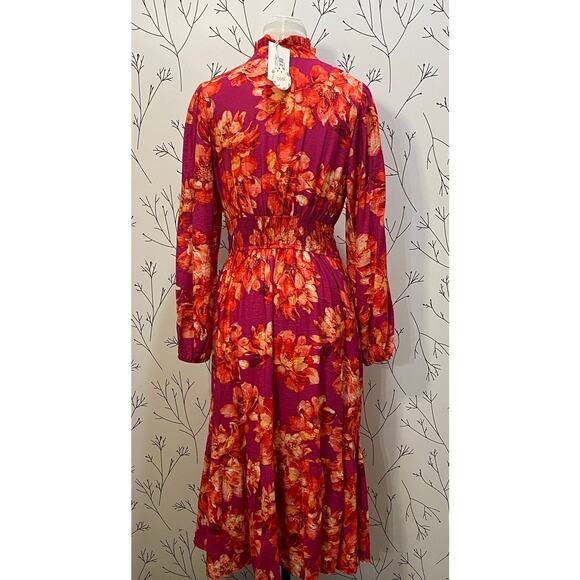 NWT ODDY Flirty Floral Ruffle Neck Midi Dress MEDIUM Flowy Balloon Sleeves NEW - Picture 6 of 8